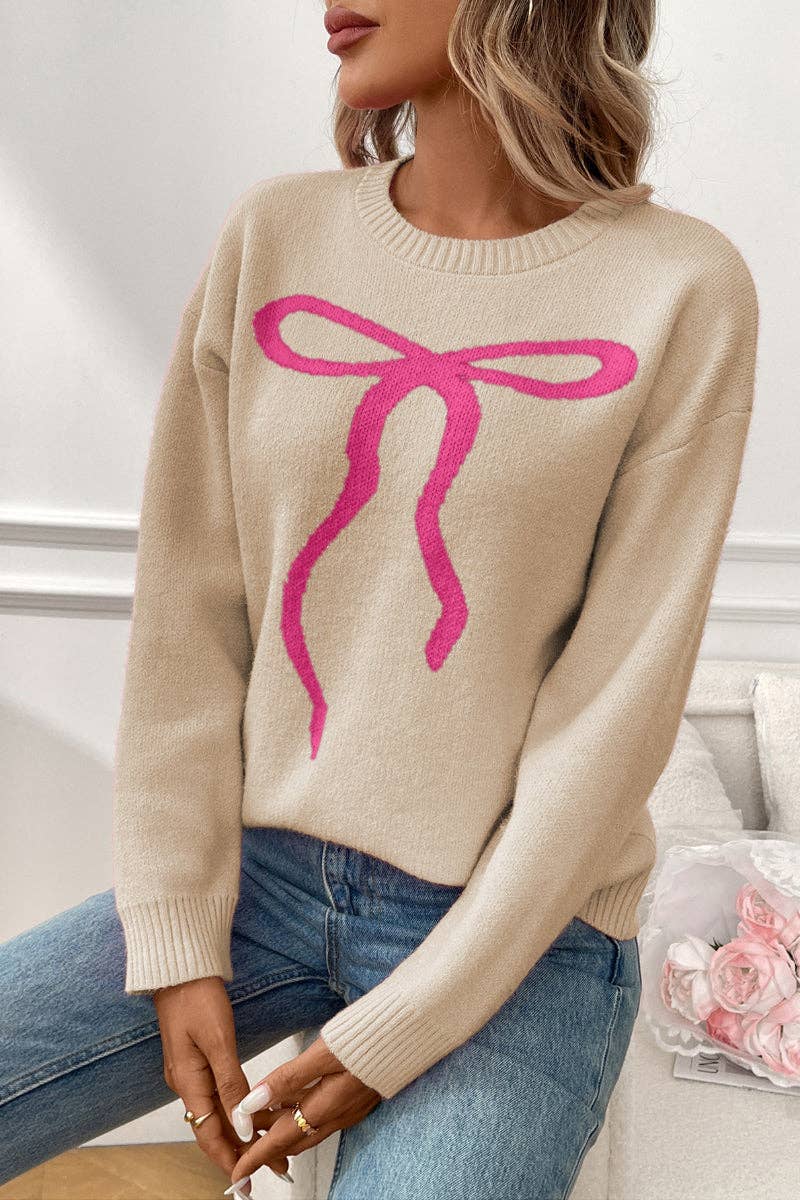 Bow Knit Sweater with Vintage Floral Design