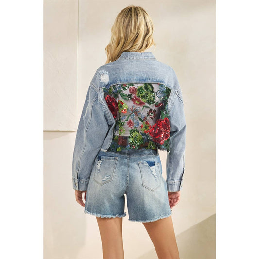 Classic Denim Jacket with Lace Floral Contrast