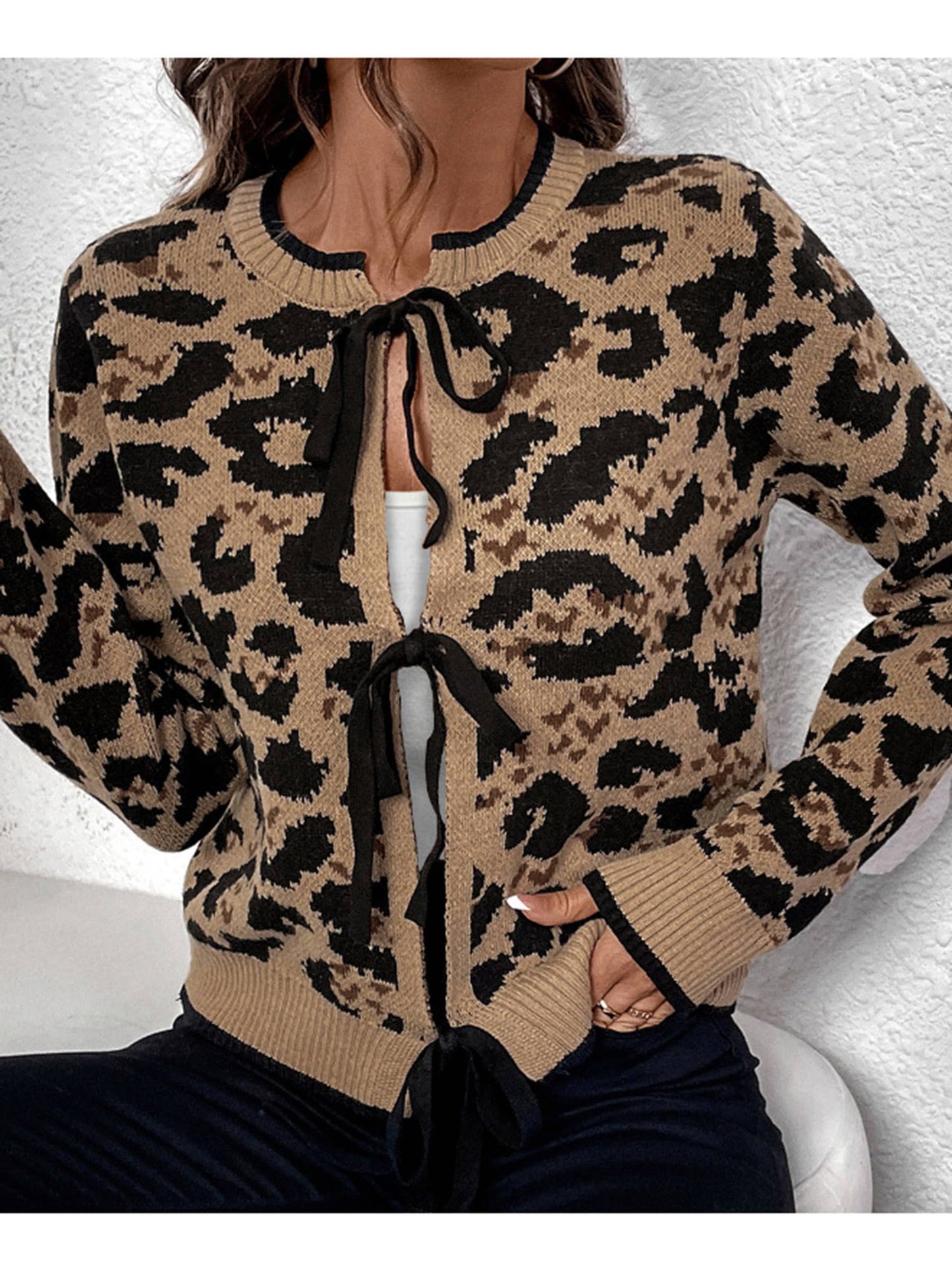 Leopard Print Butterfly Tie Tied Knit Sweater