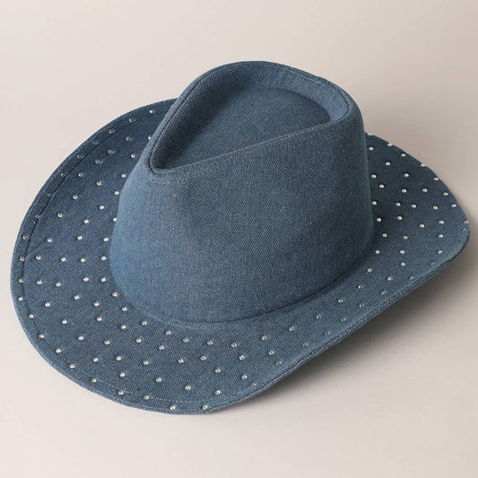Cubic Embellished Denim Cowboy Hat