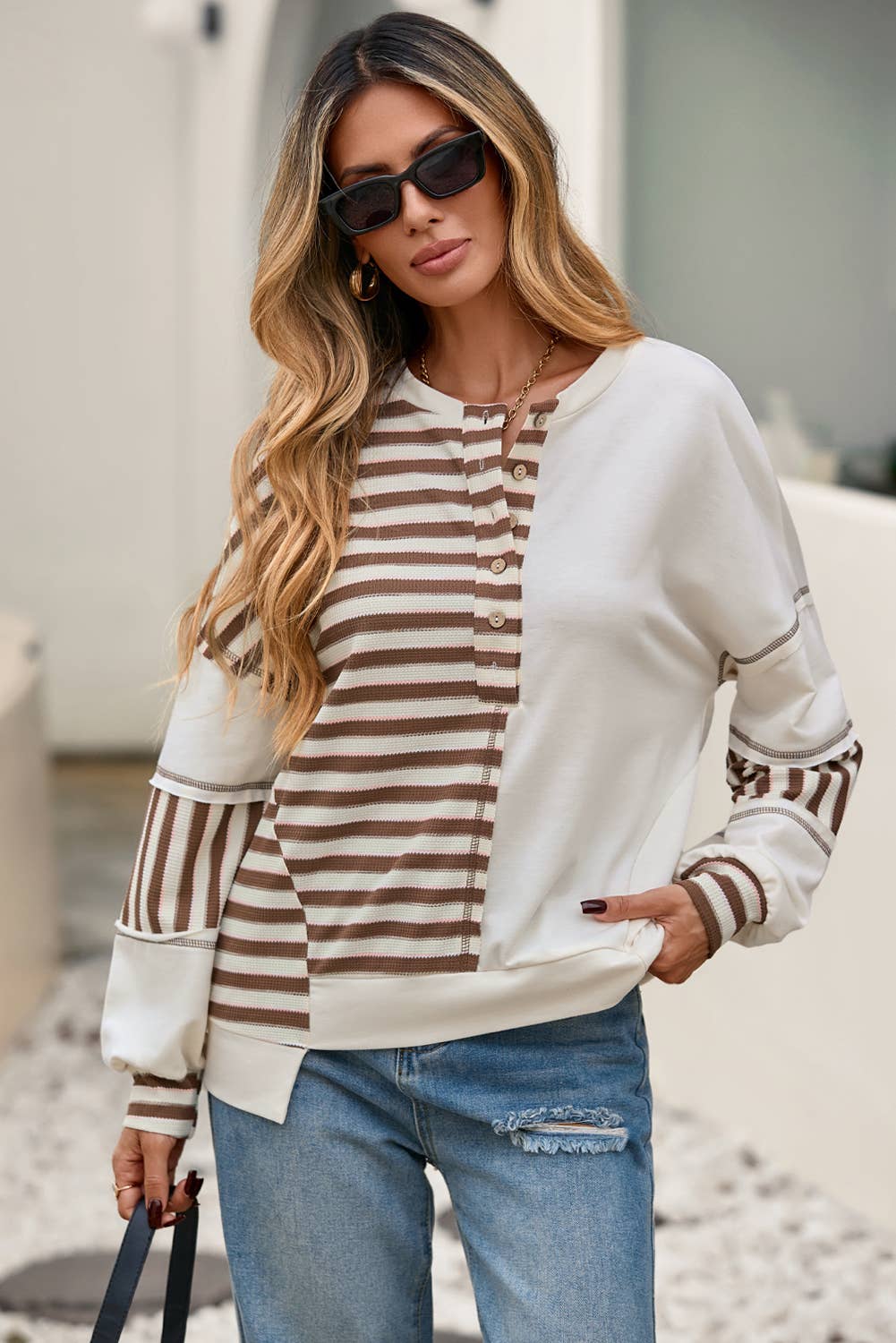 LDC Stripe Stitched Detail Patchwork Oversized Pullover Top