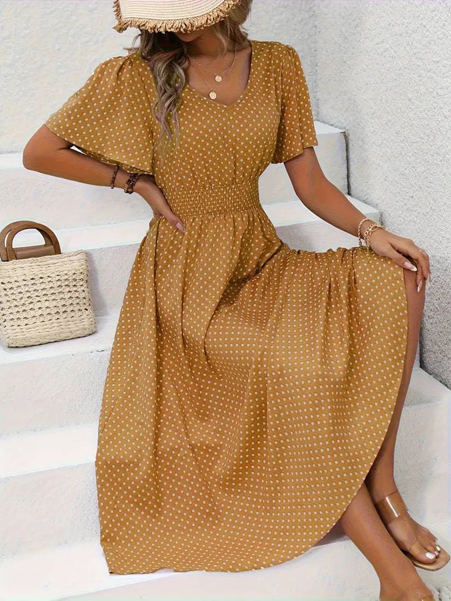 V-neck Polka Dot Pullover Casual Dress