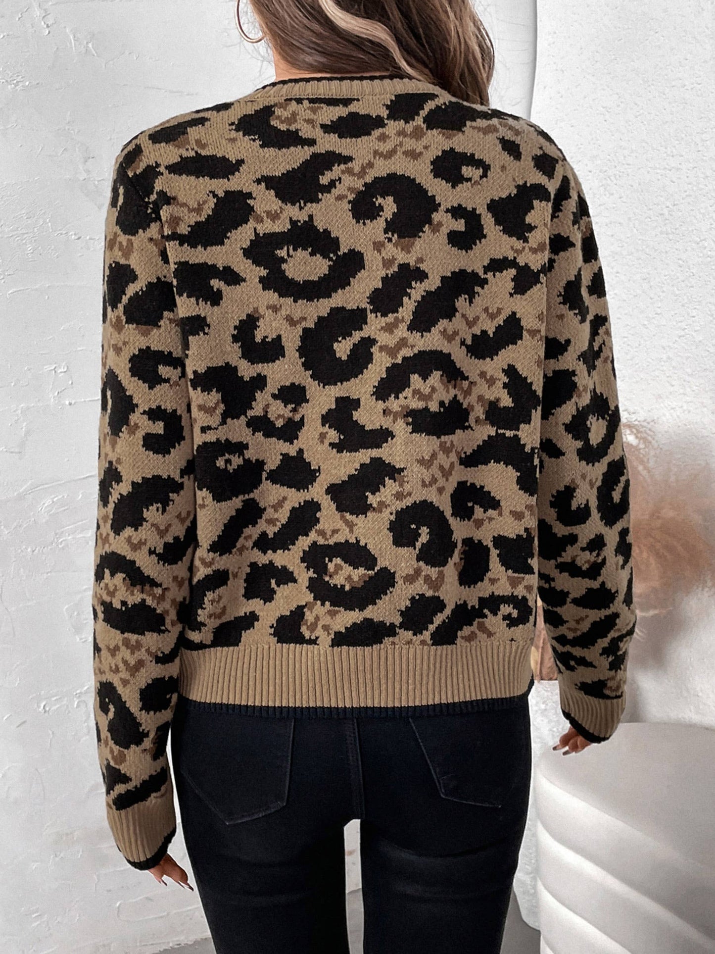 Leopard Print Butterfly Tie Tied Knit Sweater