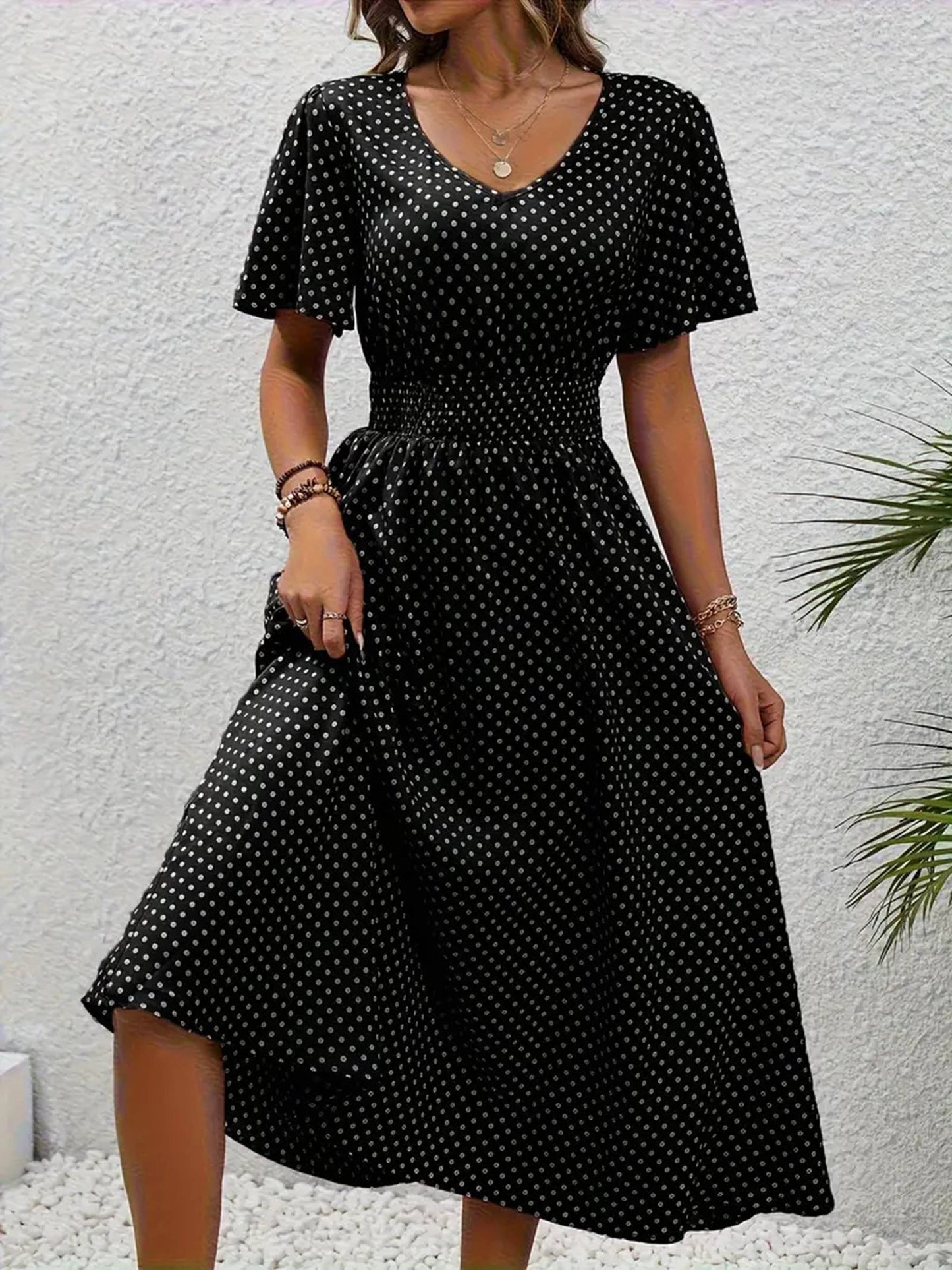 V-neck Polka Dot Pullover Casual Dress