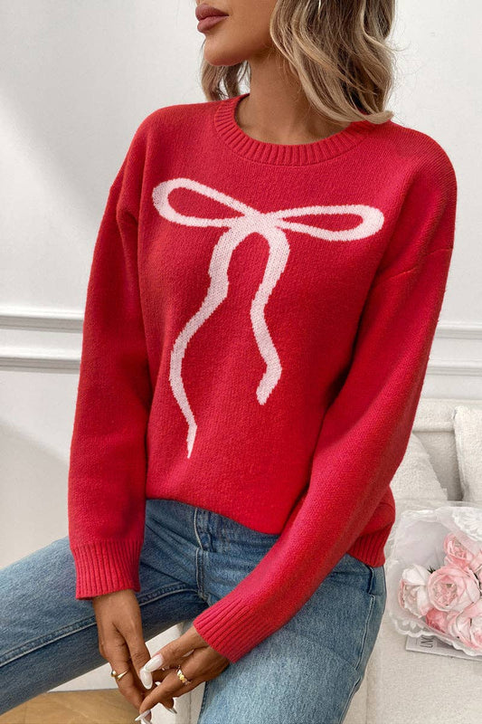 Bow Knit Sweater with Vintage Floral Design